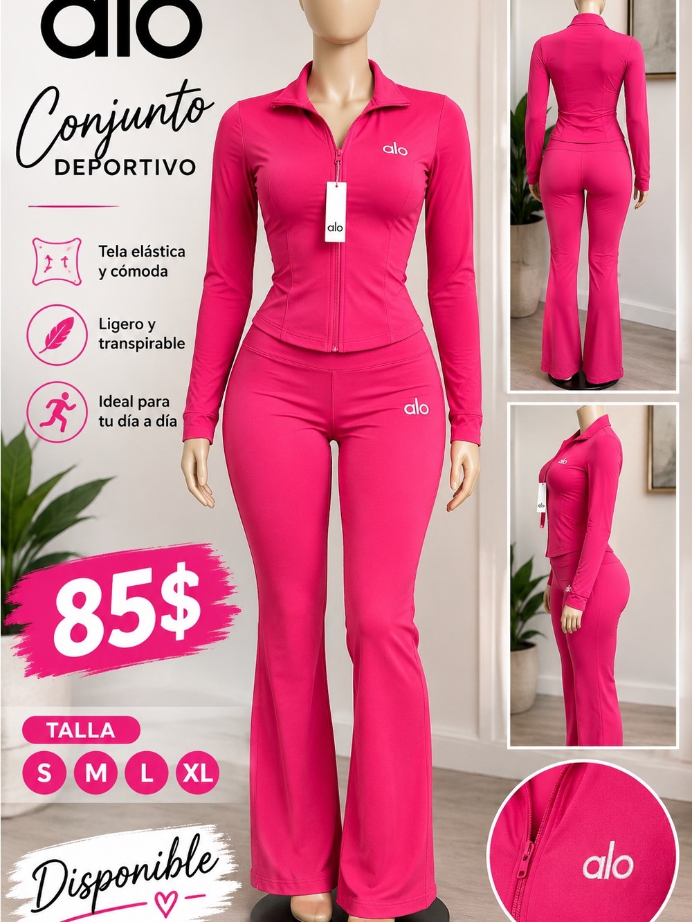 ALO Yoga Fuchsia Zip Jacket with Flare Leggings s/m/l/xl size available